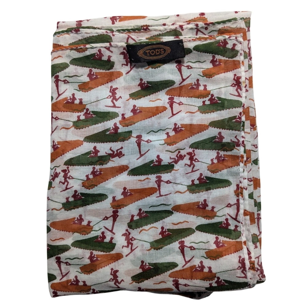 Tods Made in Italy Cotton Scarf Water Skiing Shoe Boat Print Green Orange 38x54